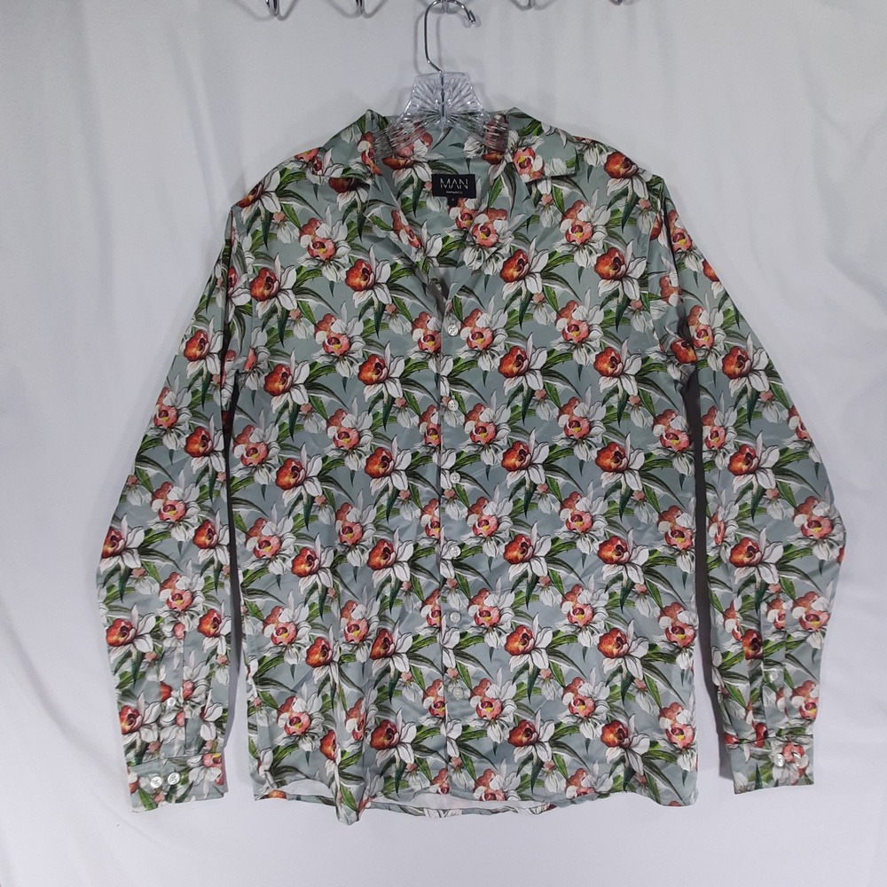 BoohooMAN Mens Small Floral Orchid Print Button Up Shirt Sage Green Long Sleeve
